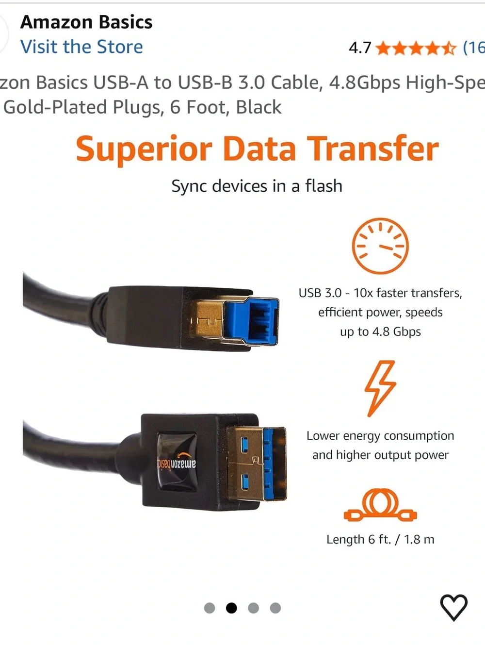 Black USB-A to USB-B 3.0 Cable, 6 ft